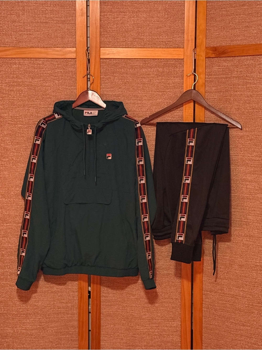 Fila Dark Green Hooded Pullover with Black Logo-Trim Track Pants